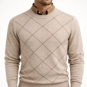 VTG 90s Izod Beige Tan Diamond Knit 100% Cotton Classic Crewneck Sweater, Size L